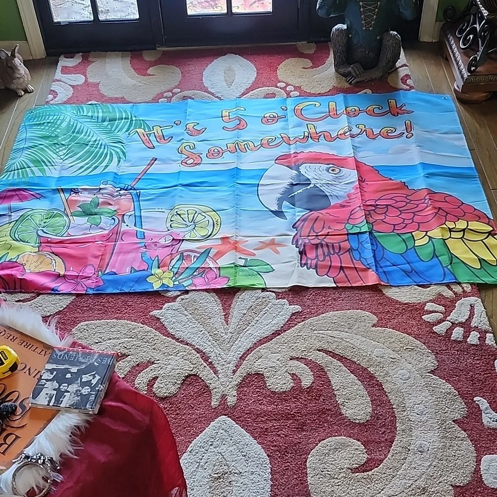 TROPICAL 'IT'S FIVE 'O CLOCK SOMEWHERE' INDOOR/OUTDOOR BANNER